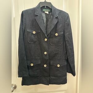 Harve Benard Blue 100 % linen  Blazer with Button Accents Lagenlook preppy